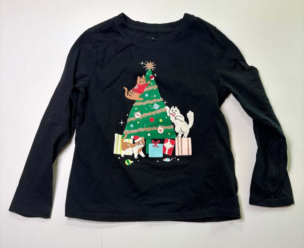 Cat & Jack Black Christmas Tree Cats Long Sleeve Shirt XS 4/5